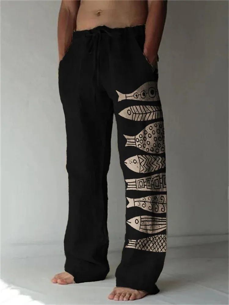 

Men's Long Straight Pants Casual Loose Elastic Waist Drawstring Fish Japanese Lino Art Wide Leg Trouser Man Sports Bottoms