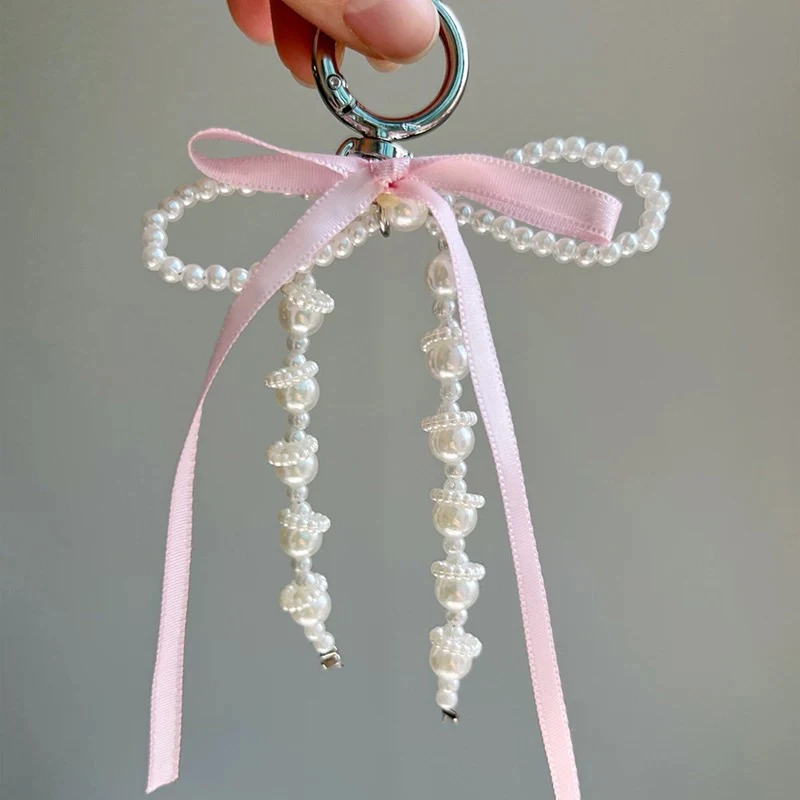 New Korean Sweet Pearl Bow Keychain Heart Pendant Keyring Y2K Aesthetic Key Holder for Girls Bag Pendant Accessories