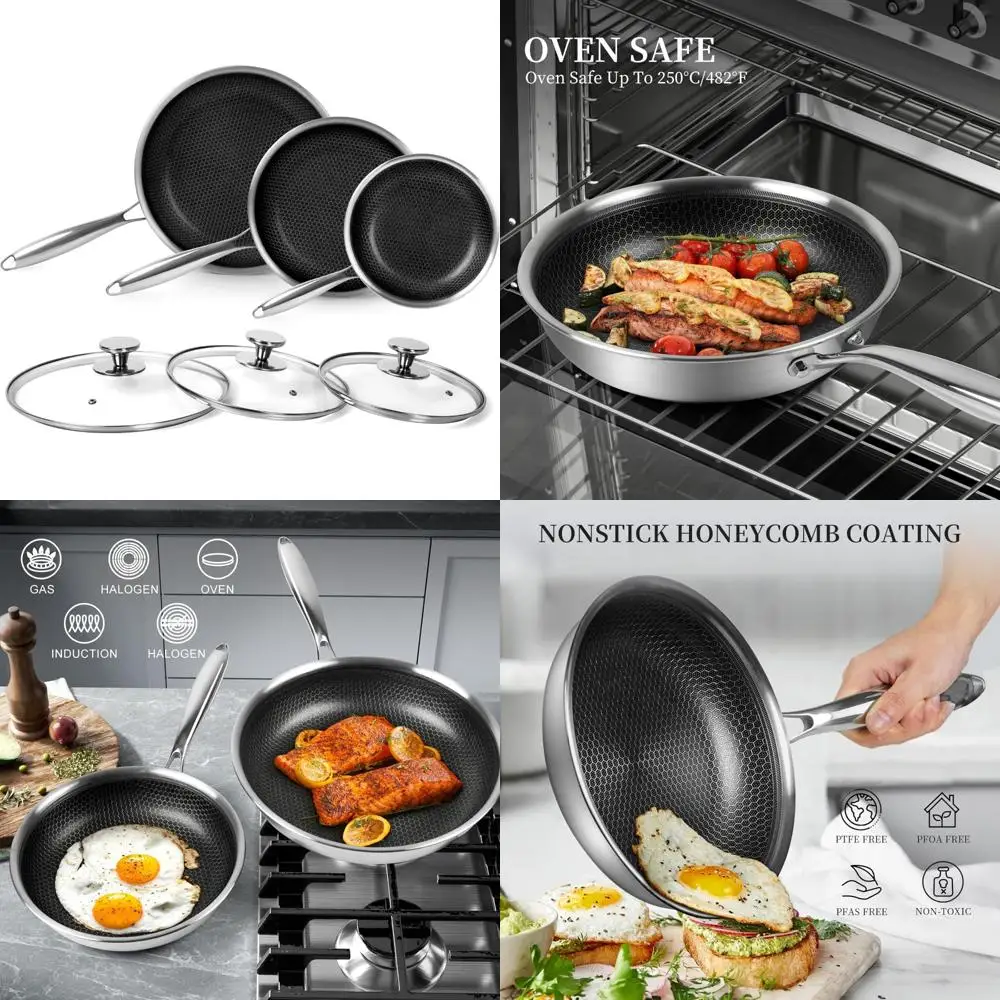 

Набор сковородок из нержавеющей стали с антипригарным покрытием, размеры 8, 9,5 и 11 дюймов, с крышкой, кухонная утварь в комплекте