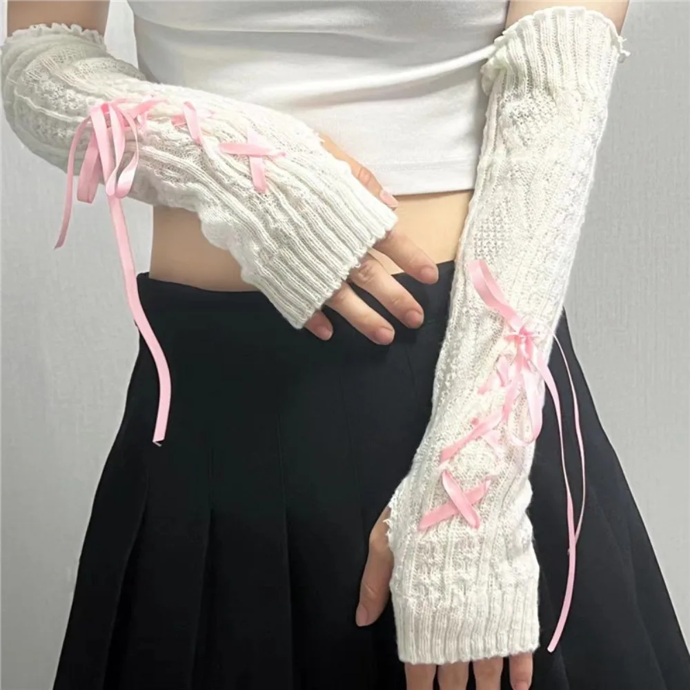 New Thicken Arm Sleeves Solid Color Bowknot Arm Warmers Soft Y2K Knitted Gloves Female