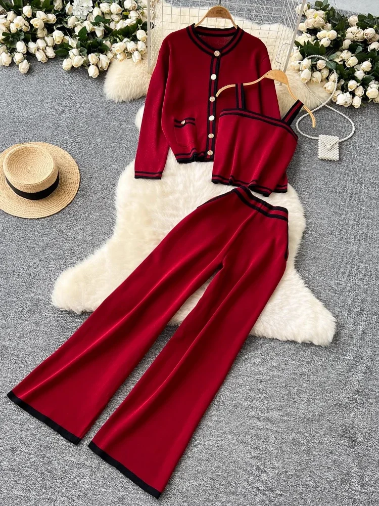 Elegant Fashion 3-Piece Office Knitted Suit Red Contrast Cardigan Coat+Camisole+Casual High Waist Wide Leg Trousers Sets Women