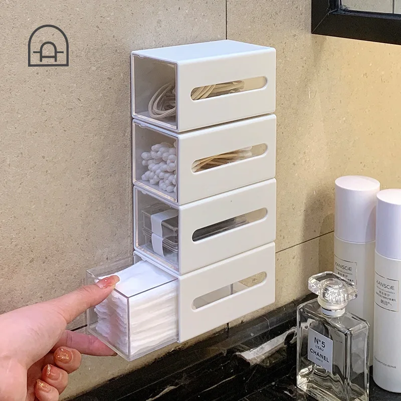 Bathroom Wall-Mounted Cotton Swab Storage Box Dormitory Non-Perforated Telescopic Storage Box Head Rope Hair Ring Mini Glove Box