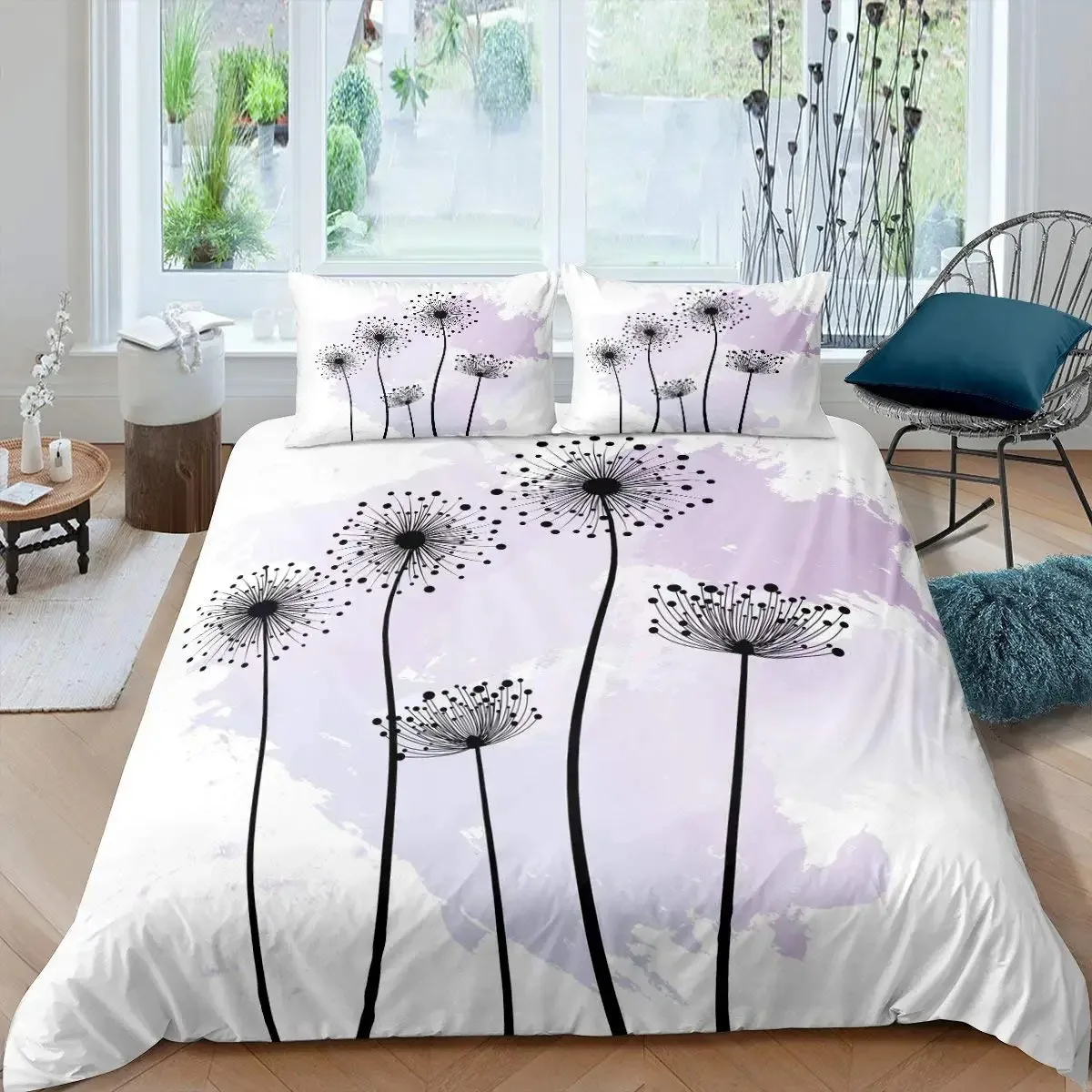 Dandelion Duvet Cover Set, Dandelions Blowing In The Wind Fluffy Flower Decor 2/3 Piece Bedding Set With Pillow Shams, Full Size