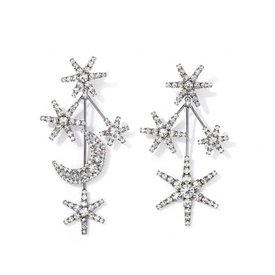 

Sparkling Diamond Moon Star Earrings Long Style