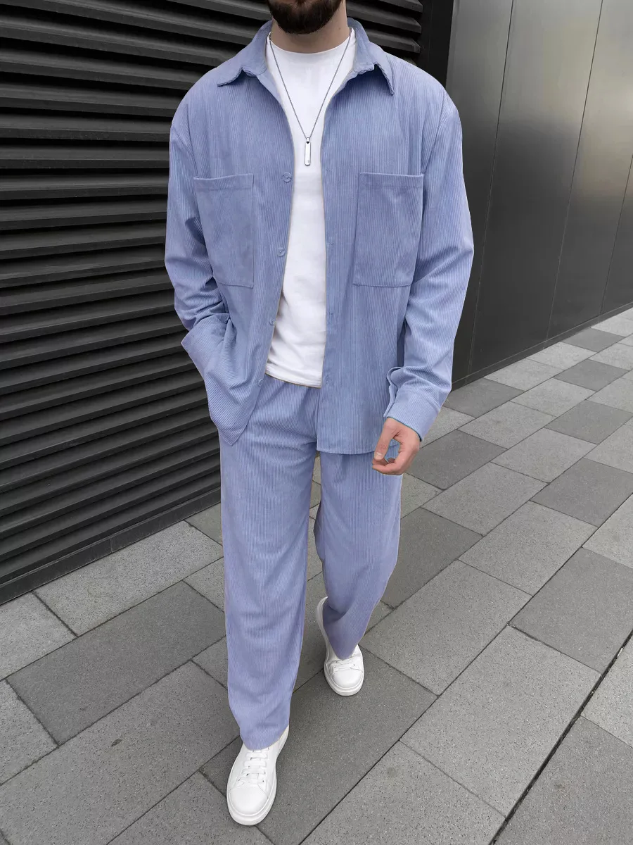 Men's corduroy two-piece outfit: long-sleeved button-down shirt and wide-leg trousers set, fashionable casual street sportswear. - Image 6