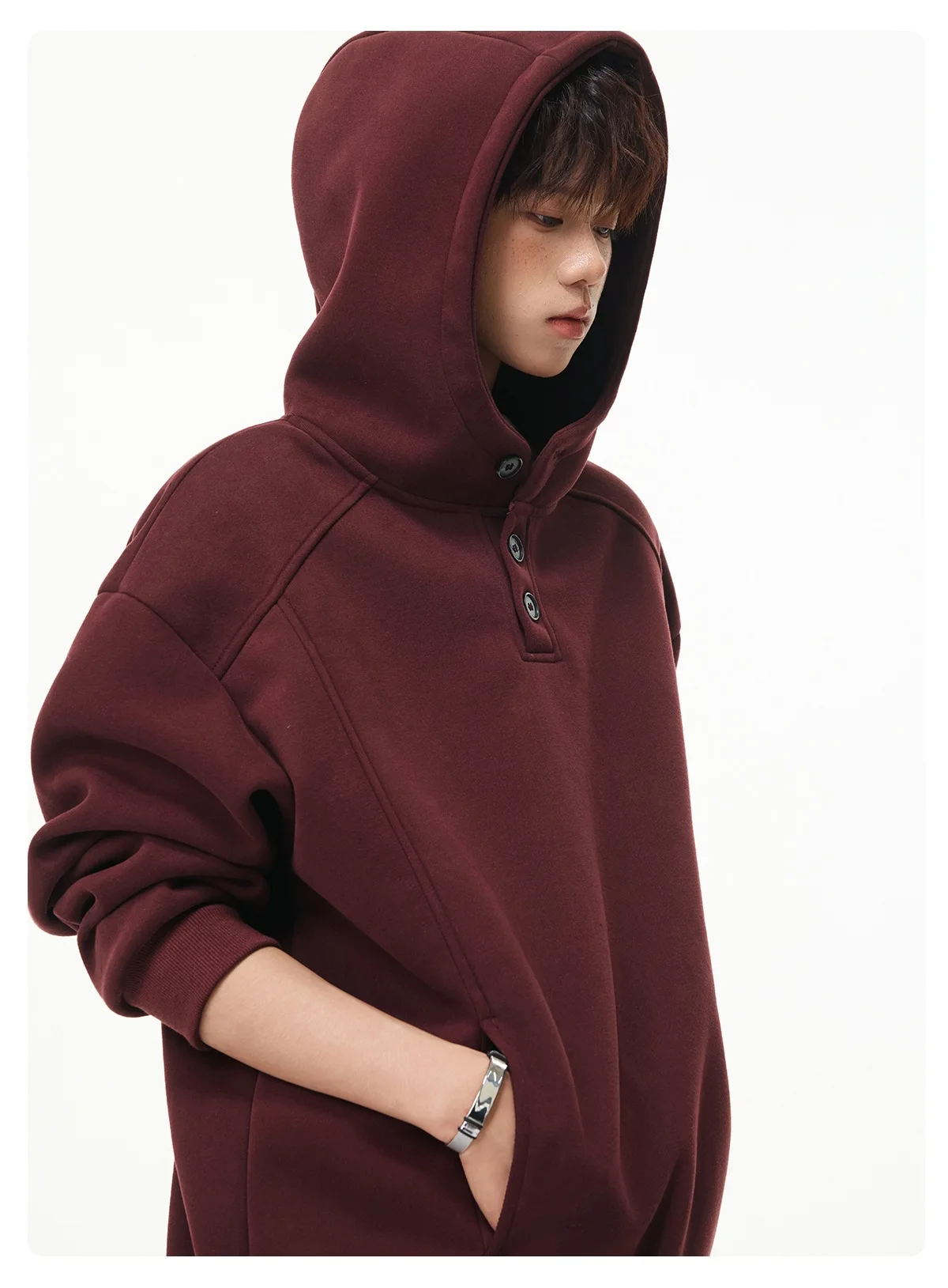 Autumn Winter New Button Half High Neck Hoodie for Men Korean Fashion Harajuku Simple Solid Men's Casual Loose Hooded Sweatshirt
