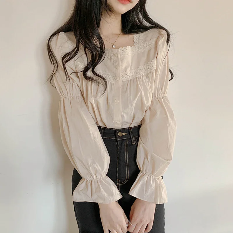 

Vintage Blouse Beige Lace Blouse Square Collar Women Long Puff Sleeve Shirt Cardigan Sweet Shirt Blusa Clothes Women Top D224