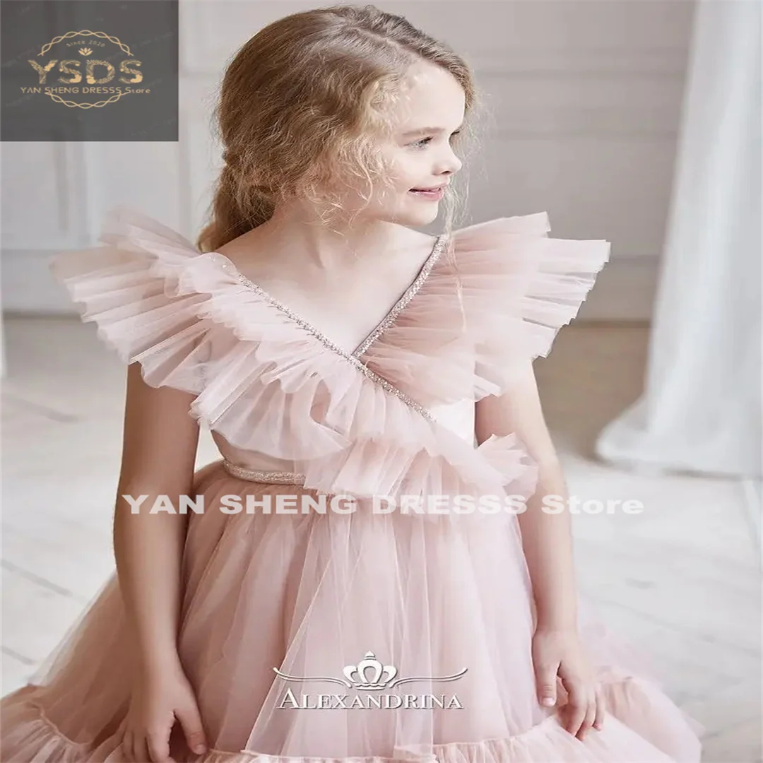 Graceful Tulle Flower Girl Dresses For Wedding Beading Tiered V Neck A Line Kids Prom Gown Birthday Party Dress