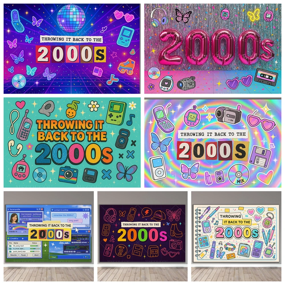 

Back to the 2000s Retro Theme Backdrop Cloth Butterfly CD Tape Mobile Phone Adult Children Birthday Party Photography Decoration