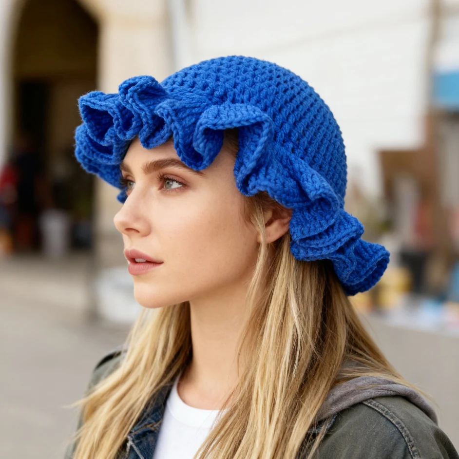 قبعة دلو منفوشة بلون سادة للنساء، قبعة متماسكة مكشكشة، كروشيه مصنوع يدويًا مجوفًا، قبعة صياد من الدانتيل، قبعة متماسكة بلون سادة مناسبة للخريف والشتاء #5