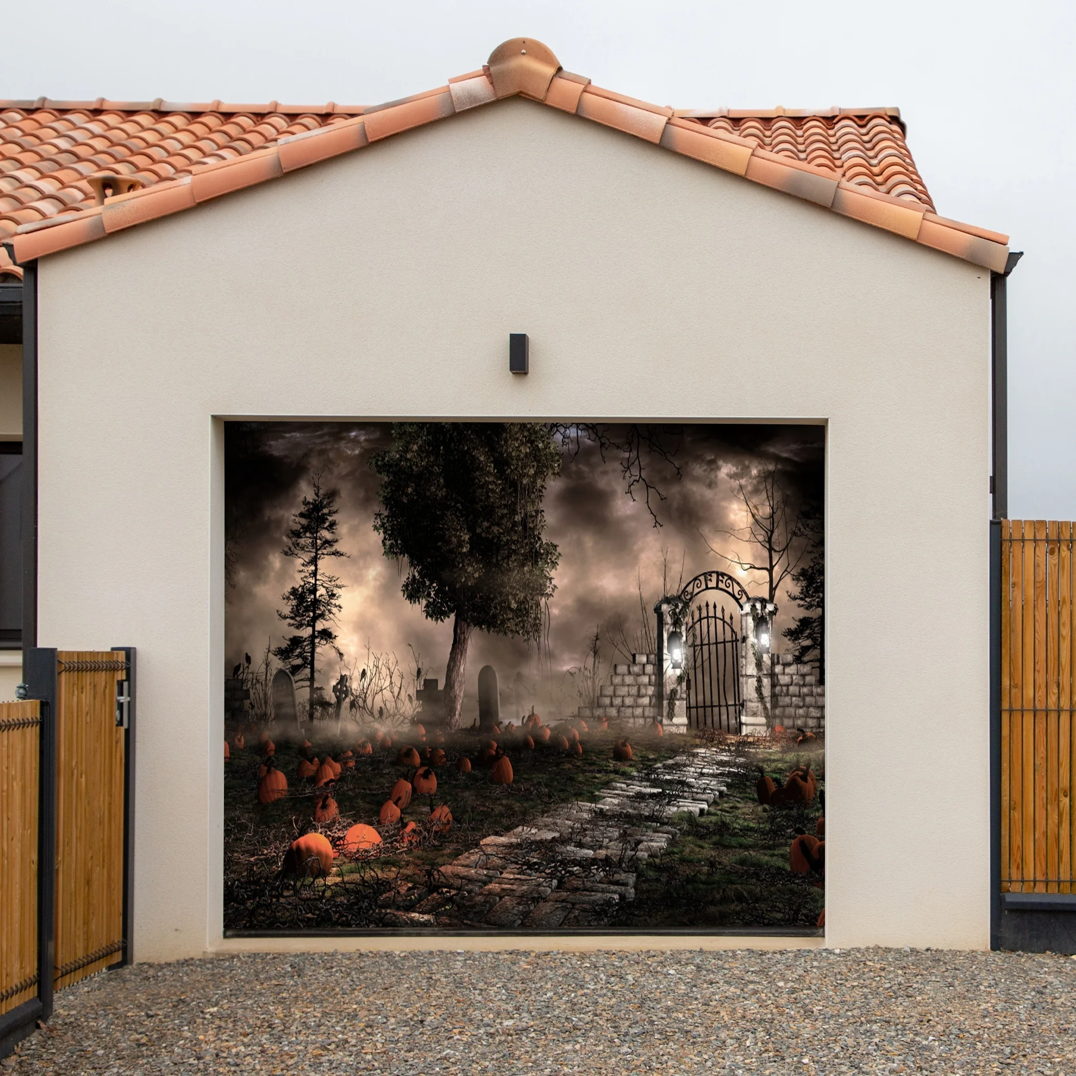 ديكور باب المرآب للهالوين - مقبرة Ghost Night وموضوع اليقطين - بوليستر، ديكور للاحتفال الخارجي #5