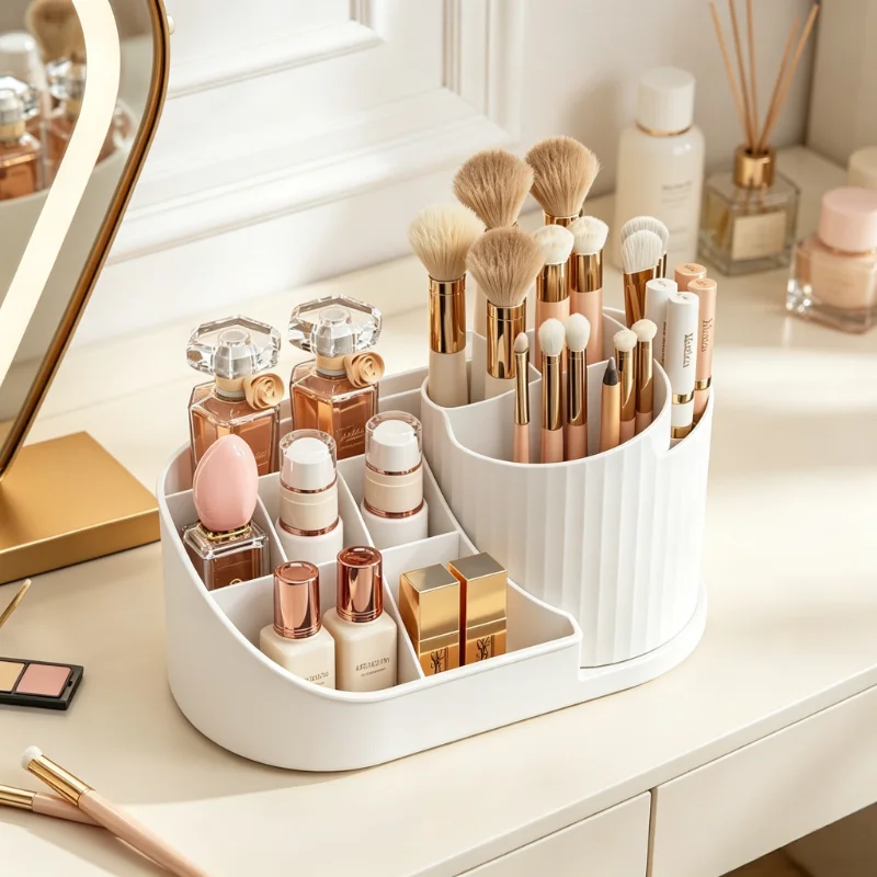 360 ° rotating makeup organizer, multi compartment makeup and stationery storage box, used for dressing tables and study rooms