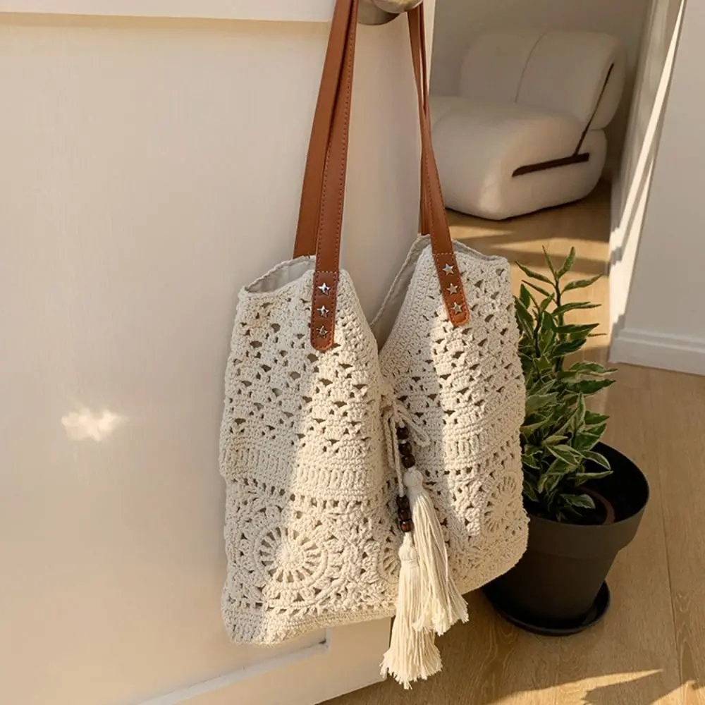 

Portable Bohemian Crochet Tote Bag Large Capacity Hollowed Out Boho Weave Bag Ethnic Style Handbag Knitted Bag Students
