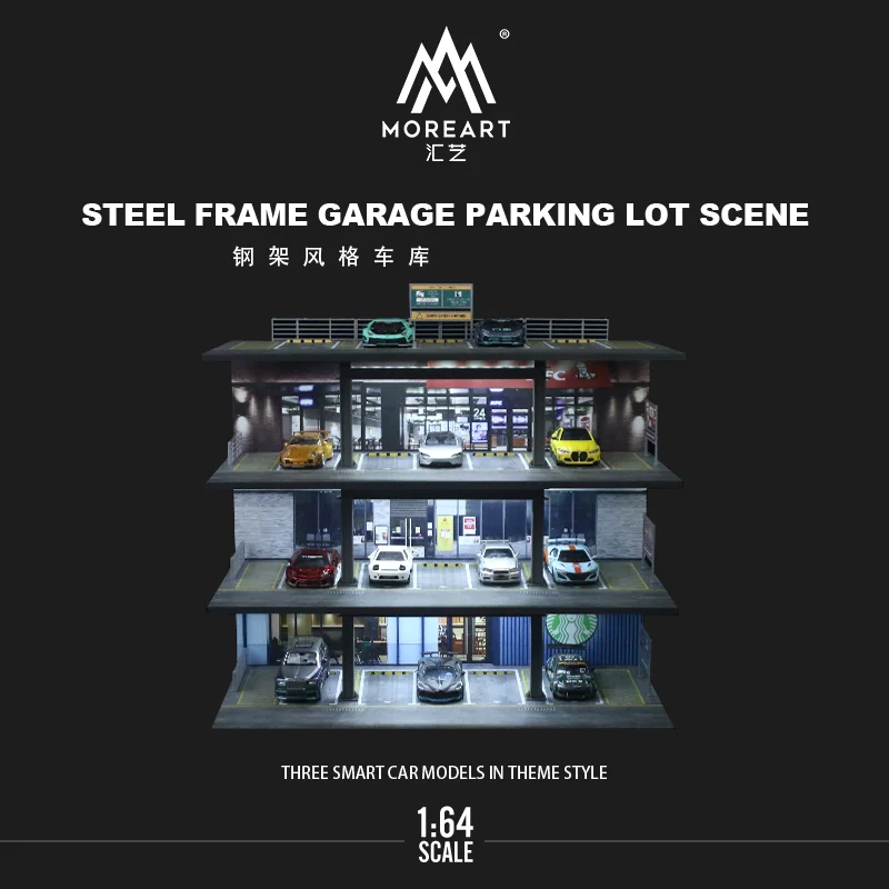 MOREART 1:64 Scale Diorama Car Garage Model Assemble Lighting Car Parking Lot Backdrop Display Scene Model Toy Collection