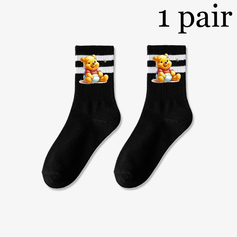 Cute Winnie The Pooh Bear Mid Tube Socks for Women Solid Colour in White and Black Streetwear Harajuku Breathable Casual Socks