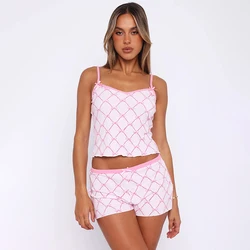 CUTENOVA Y2K Contrast Printed Spliced Bow Crop Tank Top Shorts Set Women Camis Pants Slim Leisure Suit Hottie Balletcore Outfits