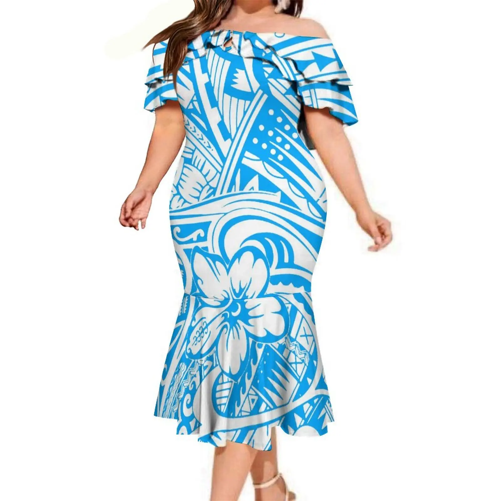 High-Quality Hawaiian Floral Print Polynesian Island Samoan Women'S Off-The-Shoulder Dress, Cocktail Party Fishtail Long Dress
