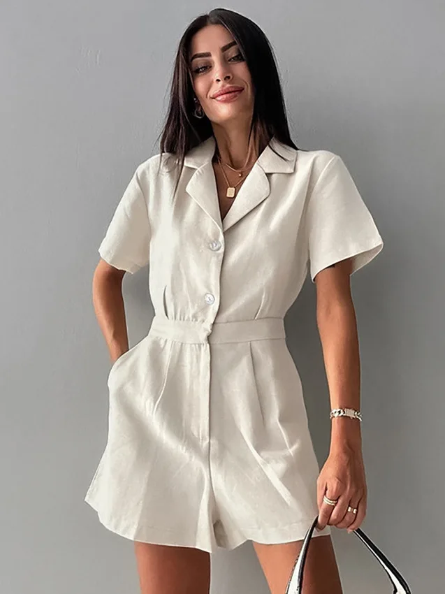 

Women's Casual Color Jumpsuit with Suit Collar High Waist ort Pants Straight Leg Summer Faion Chinese Brand
