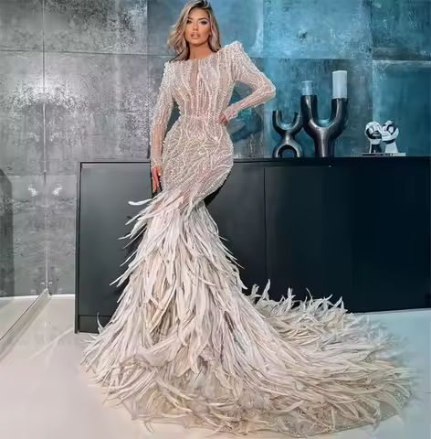 Glamorous Feathers Mermaid Evening Dress Dubai Arabic Formal Occasion Dresses Crystals Pearl Long Sleeve Prom Party Dress Gowns
