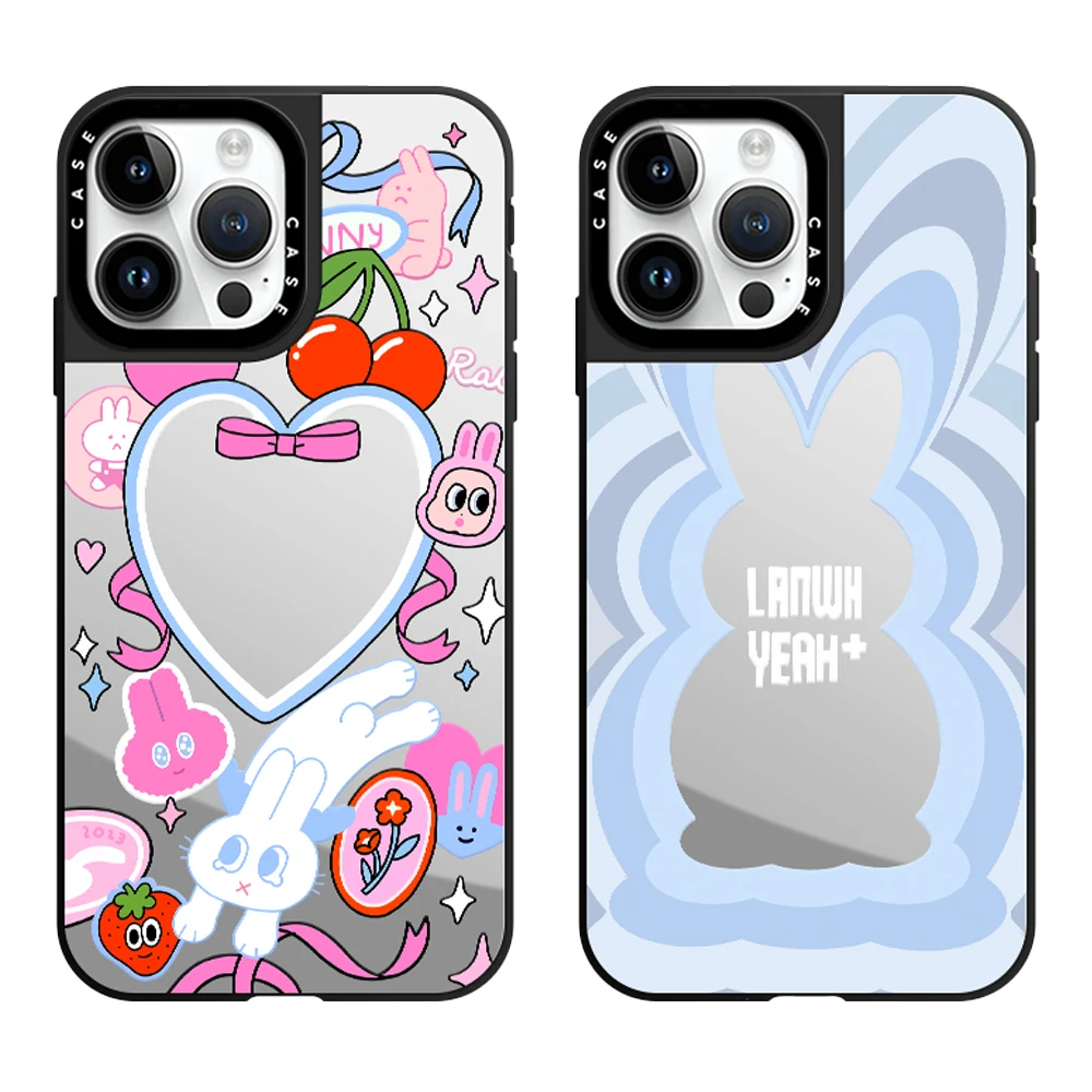 Korea Cute Rabbit Mirror Etui na telefon z MagSafe dla iPhone 16 15 14 13 12 11 Pro Max Plus Anti-drop Back Cover Rainbow