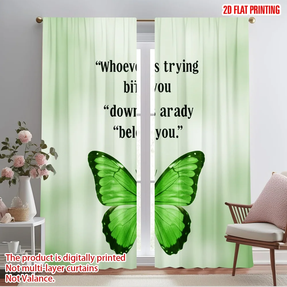 

2pcs 2D flat printing Curtains Green Butterfly Peaceful Message Polyester Without Electricity Festive Holiday Use for Festive