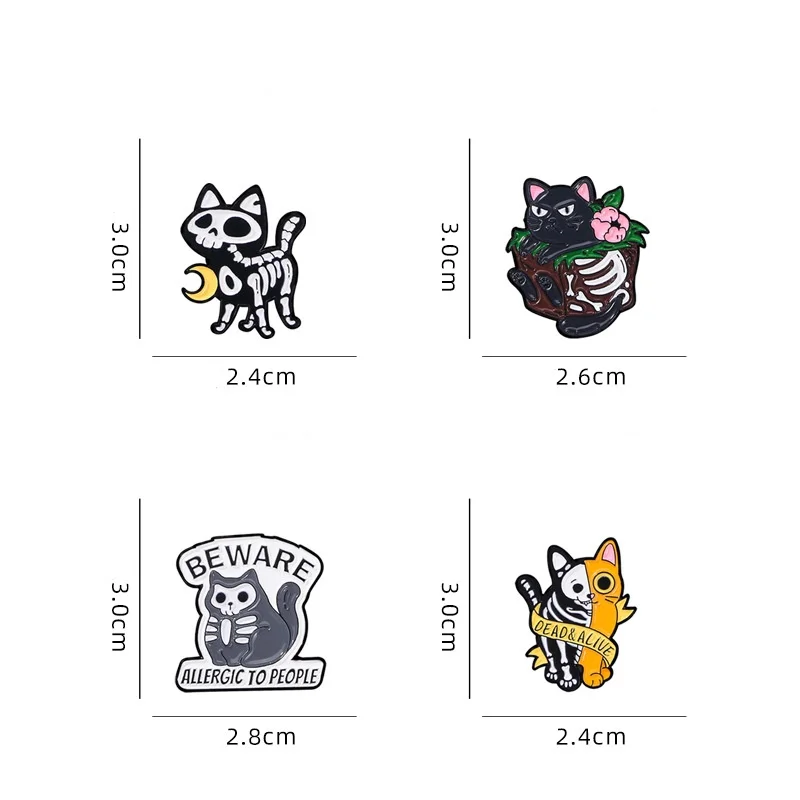 4pcs Individual Cartoon Cat Enamel Brooch Creative Halloween Skull Skeleton Lapel Pin Badge Backpack Clothing Hat Accessories