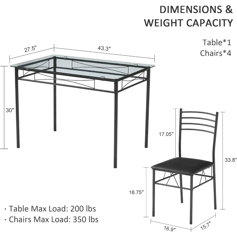 Dining Table with 4 Chairs [4 Placemats Included, Black, 43.3x27.5x30, 15.7x16.9x33.8