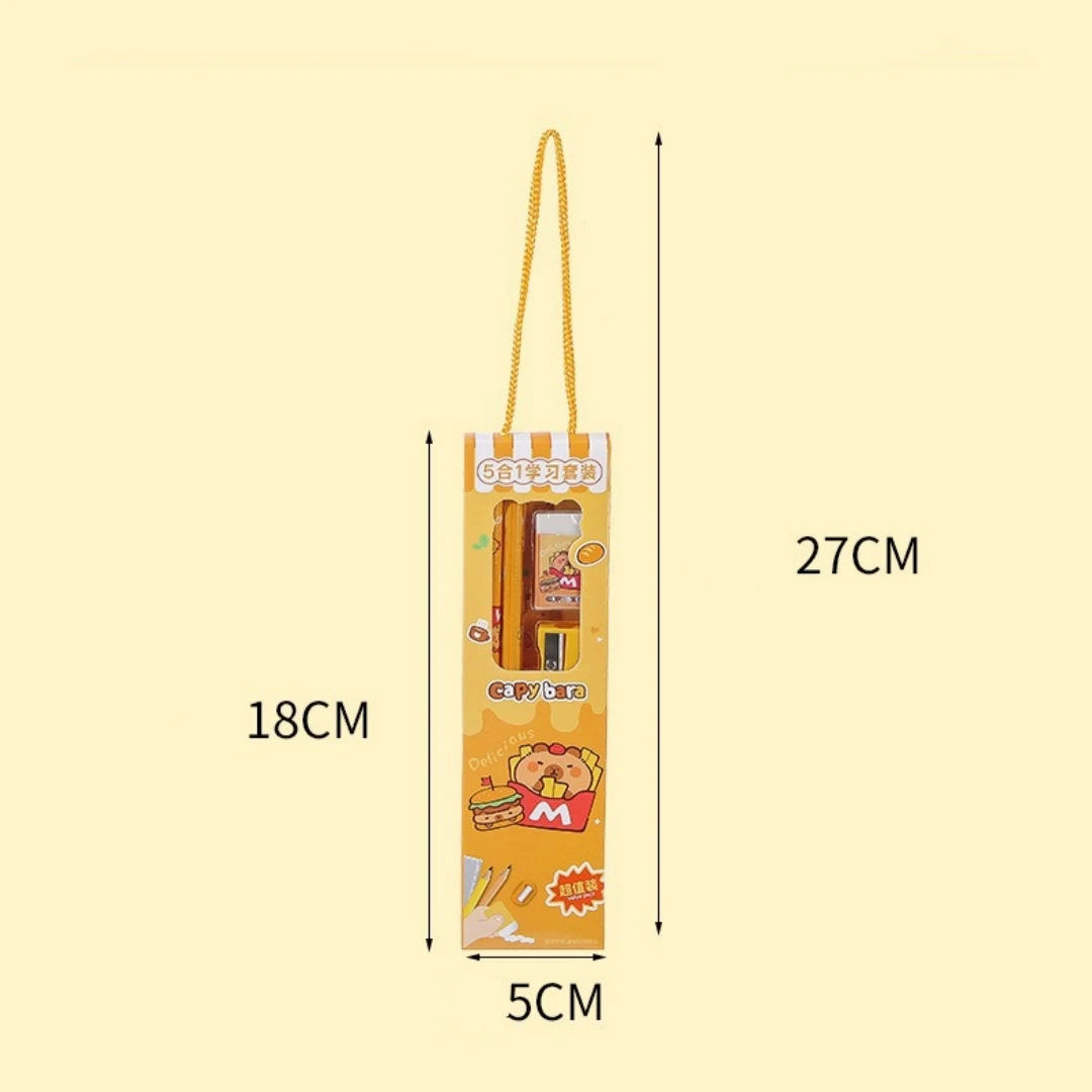 مجموعة أدوات مكتبية موثوقة 5 في 1 من كابيبارا، مجموعة أدوات مكتبية كابيبارا اللطيفة، مجموعة مسطرة ومبراة محمولة لفئة الفن
