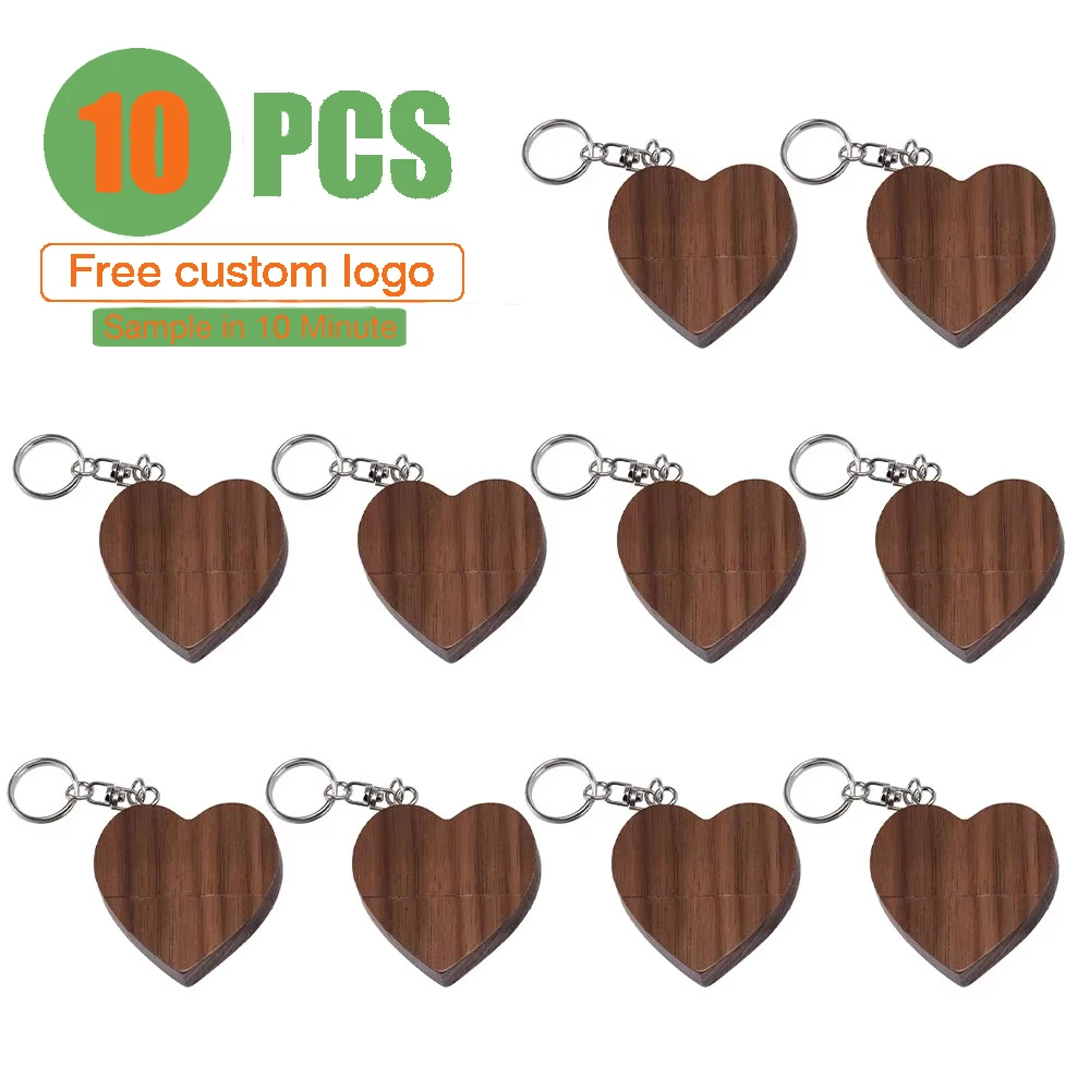 JASTER 10 PCS/LOT Wooden Heart Shape USB Flash Drive 128GB  Walnut Wood Box Pen Drive with Keychain 64GB Wedding Gift Free Logo