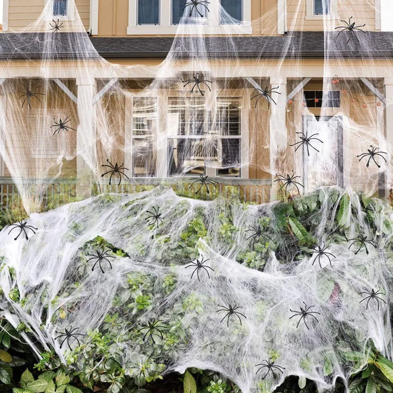 1400 Sqft Halloween Spider Webs Decorations With 100 Extra Fake Spiders, Super Stretchy Cobwebs For Halloween Decor