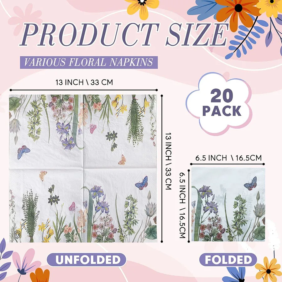 Vintage Floral Paper Napkins 20Pcs Butterfly Bee Pattern Disposable Tissue Wedding Garden Decoupage Craft Table Decoration