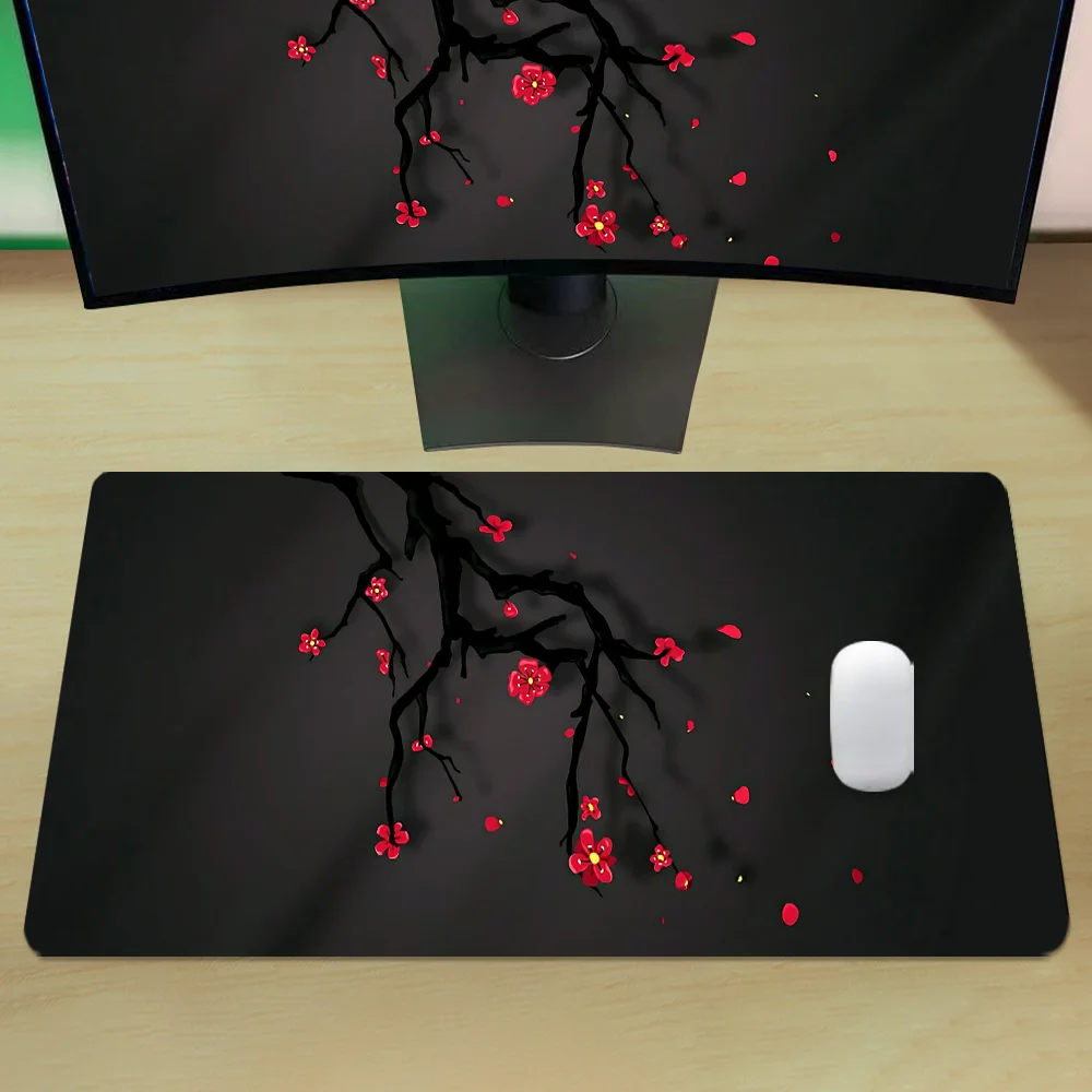 Cherry Blossoms Mouse Pad Large Black Gaming Desk Pad Desk Accessories Mousepad With Non-Slip Rubber Base Stitched Edge Deskpad