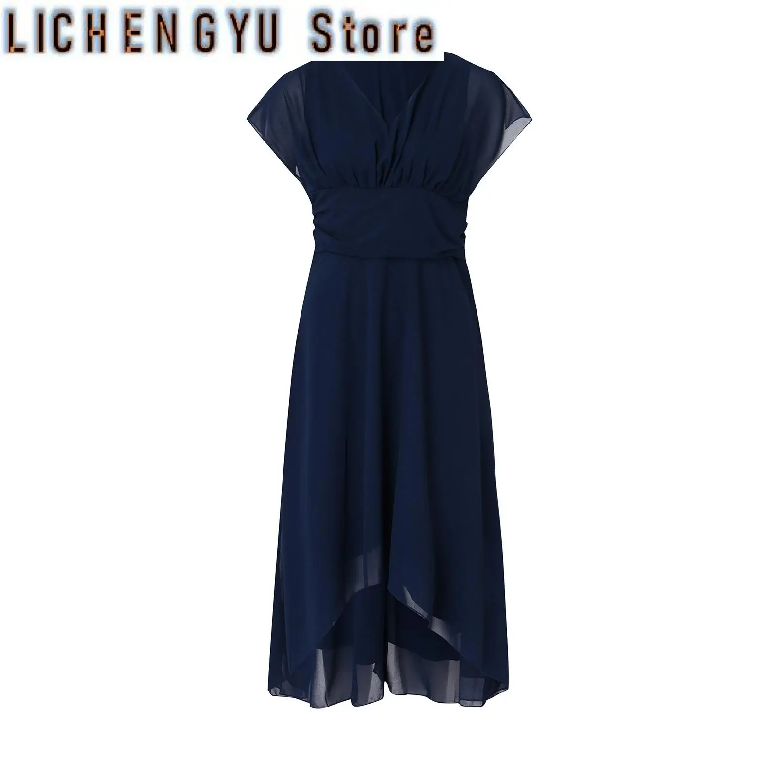 レディースドレスウェディングパーティーブライドメイドエレガントな V ネックシフォンドレススリムハイウエストフラッター薄手のメッシュスリーブロングドレス