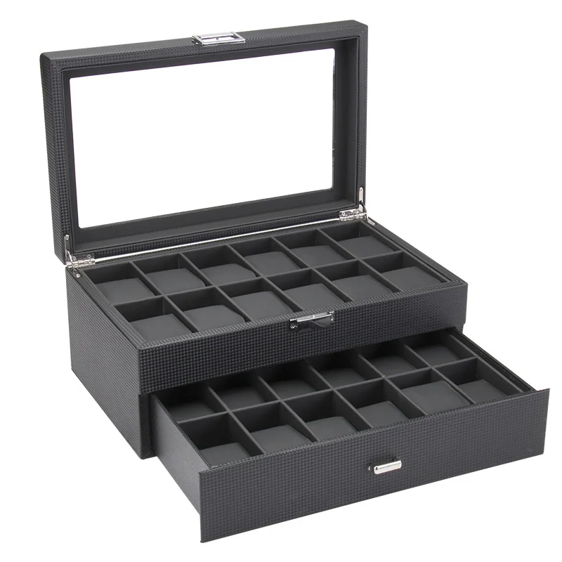 2 Layers 24 Grids PU Watch Storage Display Box Storage Organizer Built In Black Flannel Material Storage Tary Exquisite Style