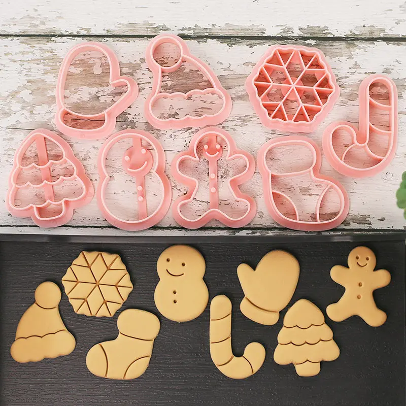 8 Pcs/set Cookie Cutters Plastic 3D Christmas Cartoon Pressable Biscuit Mold Cookie Stamp Kitchen Baking Pastry Bakeware