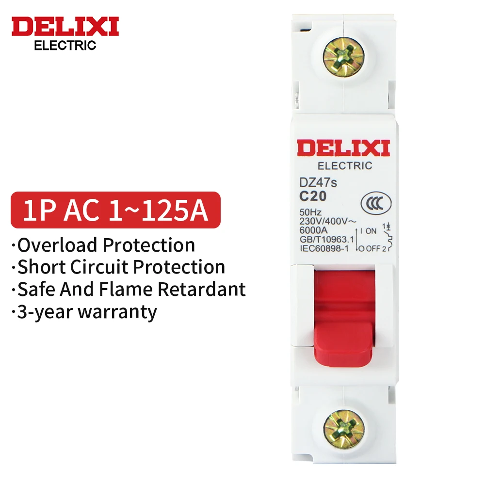 DELIXI 1P AC MCB DZ47s Thermal Magnetic Protection DIN Rail Circuit Breaker 230V 50/60Hz Mini Circuit Breaker 6-63A CCC Approved