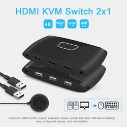 HDMI KVM Switch with Extender 2PC Share 1 Monitor 3 USB for Mouse/Keyboard/Printer/U disk,compatible with Windows, Mac, PS4