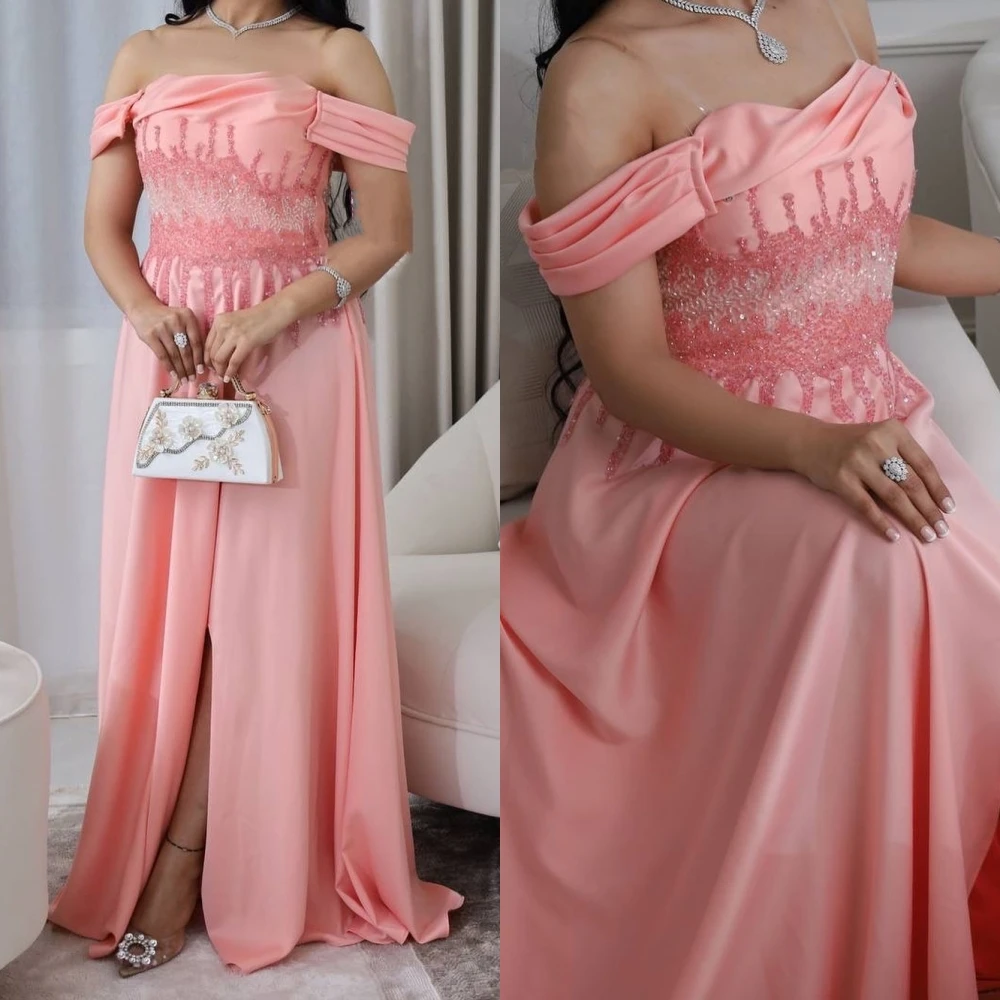 Exquisite Off the Shoulder A-line Beading Sequined Satin Floor-Length Bespoke Occasion Dresses Evening 