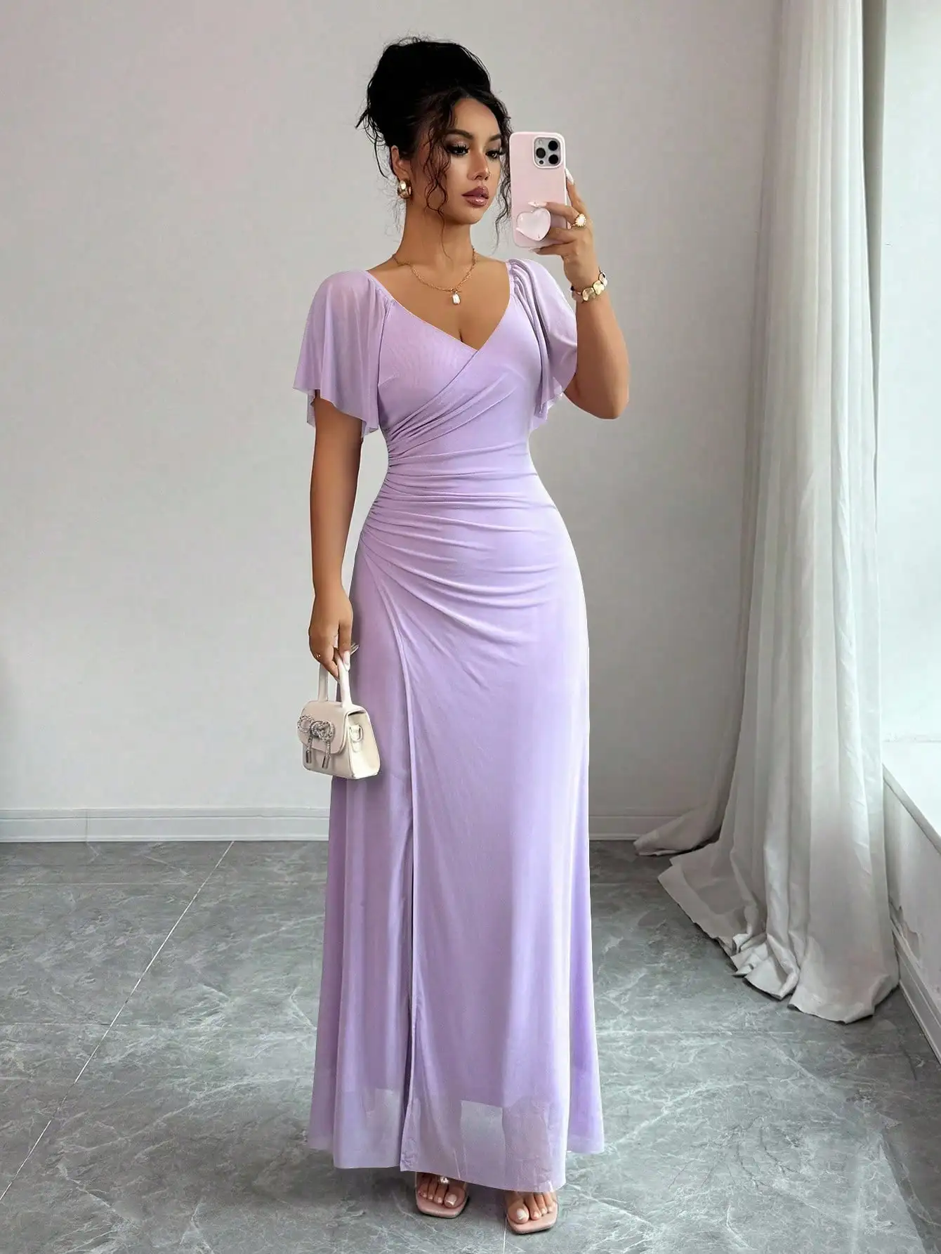 

Women's Light Purple V-Neck Ruffle Sleeve Pleated A-Line Split Maxi Dress