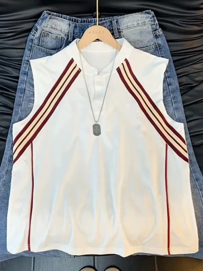 American Retro Color Block Three Stripe Vest Men's Summer Ice Silk Quick Dry Sleeveless T-Shirt Loose Shoulder Pad Sports Top