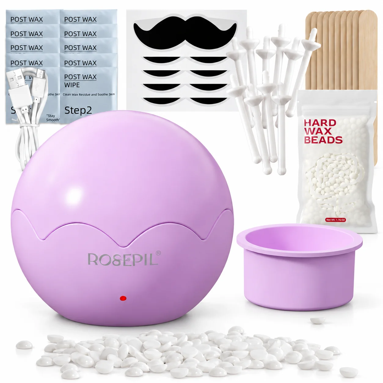 ROSEPIL Portable Mini Hair Removal Wax Warmer Kit USB Smart Constant Temperature Control, Suitable for Nose, Ear, Eyebrow, Body & Bikini Hair Removal, Complete with Wax Heater, Cleaning Wipes, Wax Beans and All Essential Tools