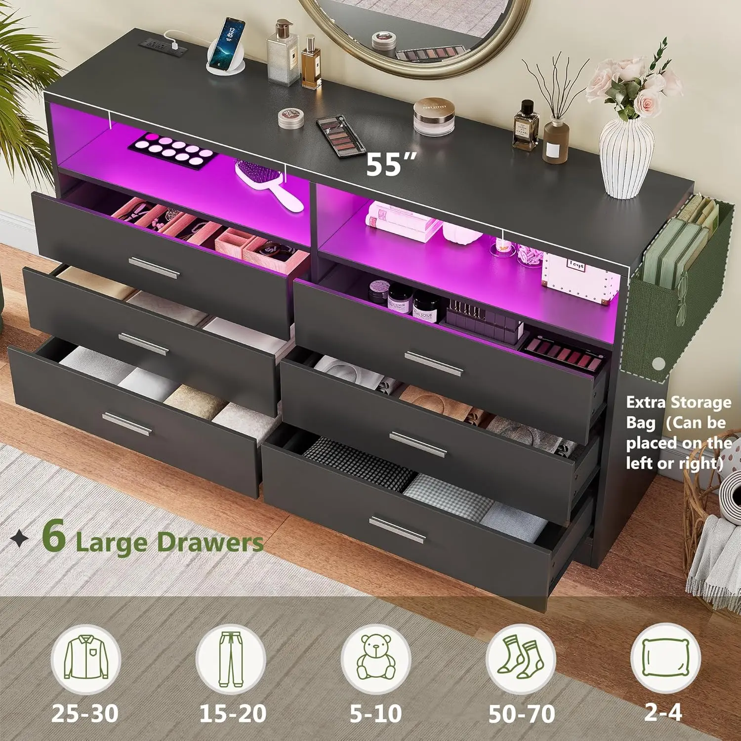 Kommode für Schlafzimmer, schwarze Kommode mit 6 Schubladen, Ladestation und LED-Licht, 55 "breite Kommode TV-Ständer, Kommode