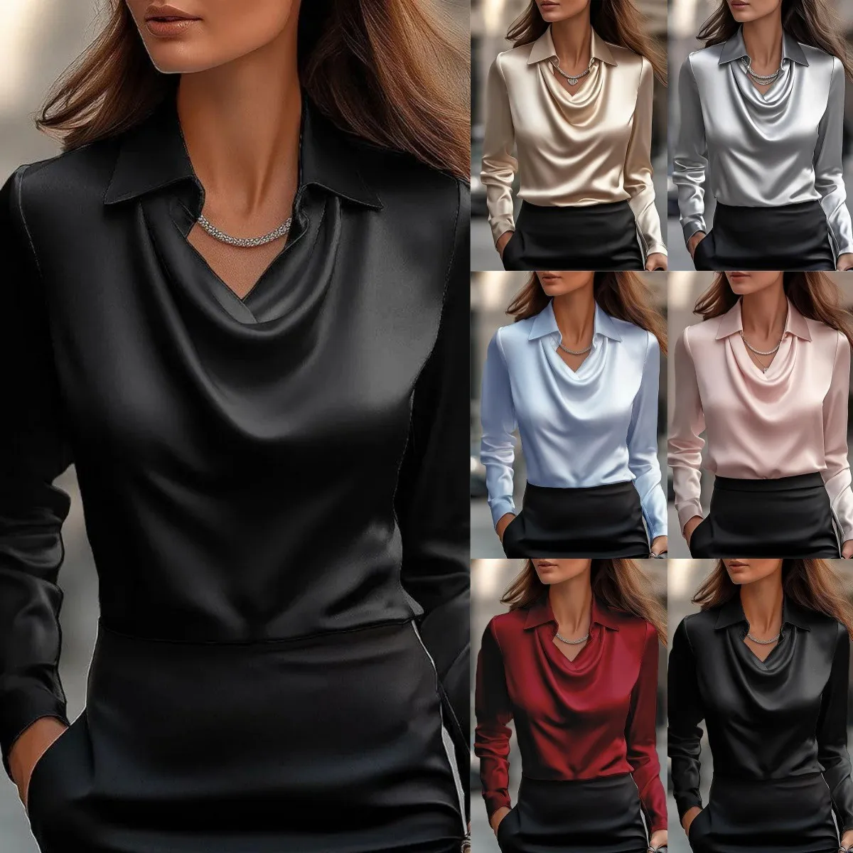 

Summer Women's Clothing Elegant Printed Cowl Neck Long Sleeve Regular Fit Top For Woman Polyester Casual Office Wear Blouse