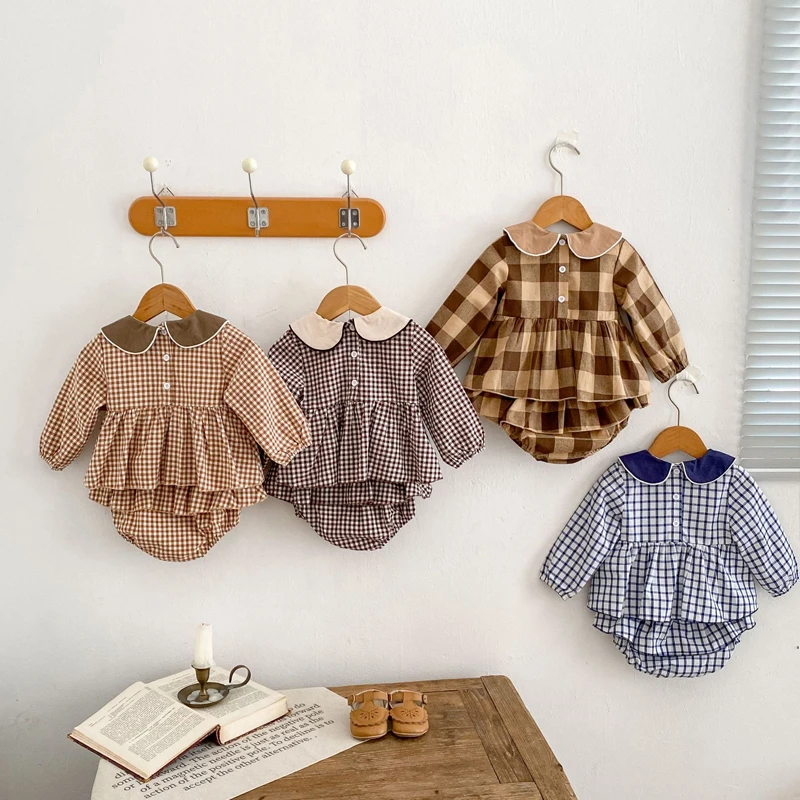 Autumn new 0-3 year old baby clothing girl baby doll collar embroidered checkered top+skirt hem wrapped pants 2-piece set