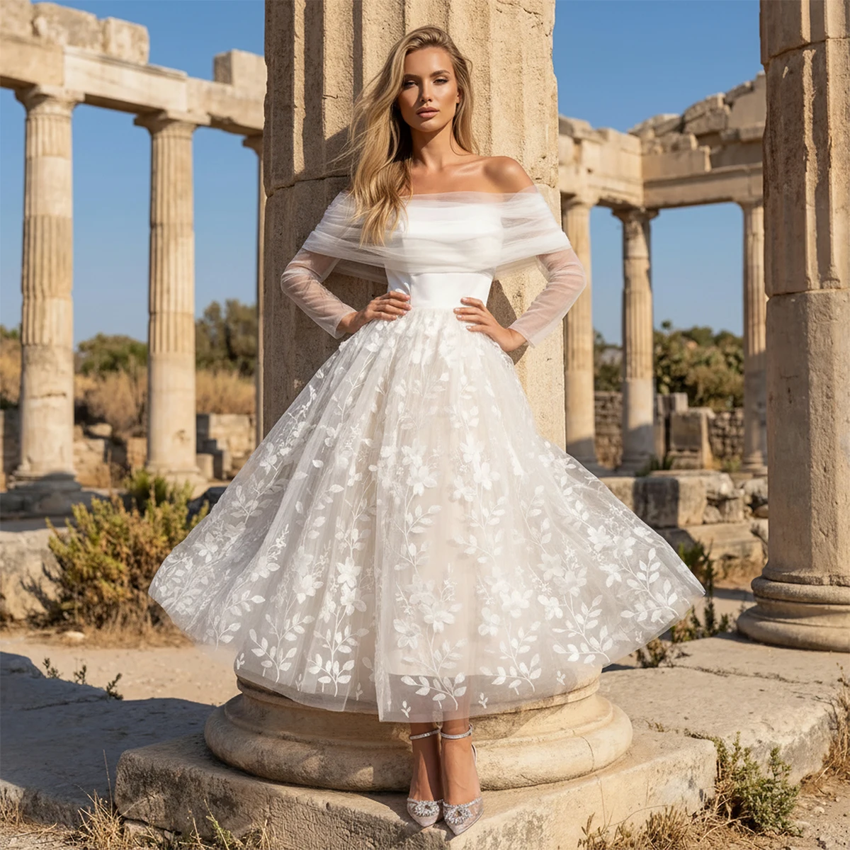 

Romantic Appliques Off Shoulder Wedding Dresses Vestidos Novia Detachable Lace Ball Gown For Bride Teal Length Puffy Bridal Gown
