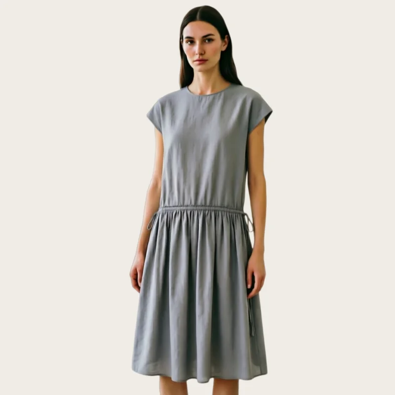 Women Summer Casual Comfort Drawstring Midi Dress Minimalist Loose 2026 New Versatile for Office Vacation Daily Occasions