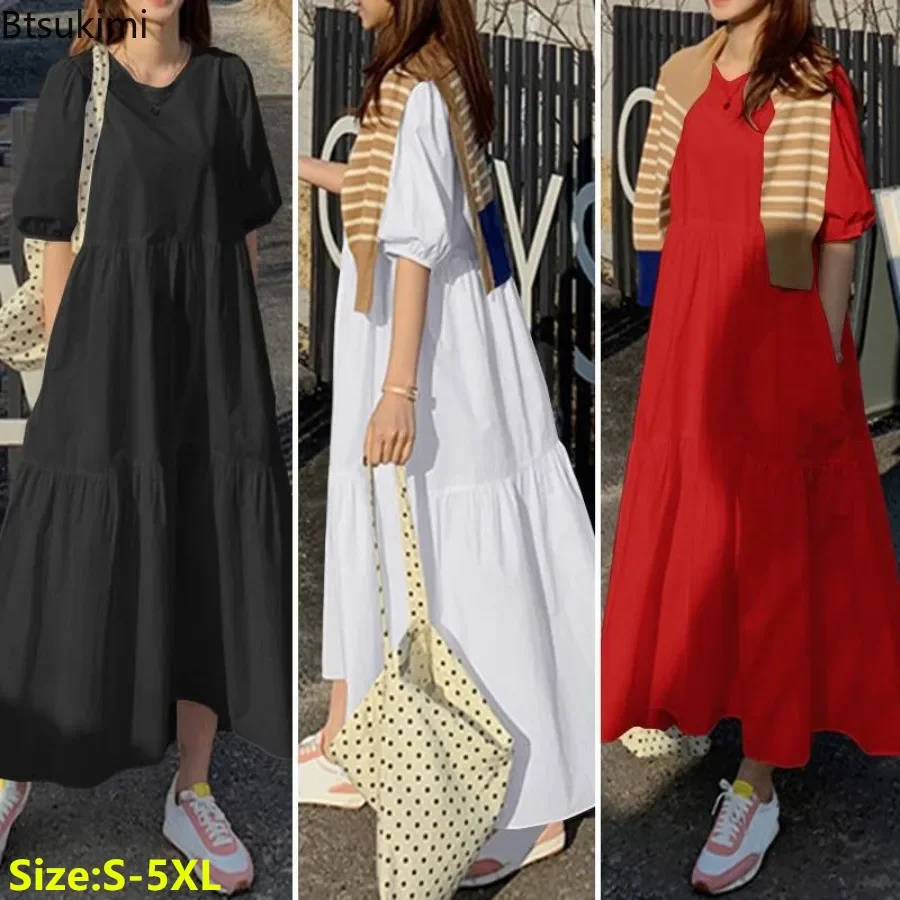 2025 Fashion Puff Short Sleeve Dress for Women Summer Solid Casual Sundress Comfort Cotton Maxi Dress Modest Robe Vestidos Femme