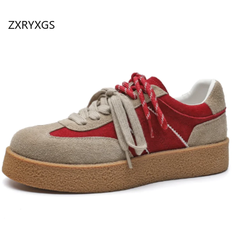 ZXRYXGS Premium Cowhide Spell Color Women Shoes Fashion Casual Sneakers 2026 Lace-up Autumn Comfortable Versatile Flat Sneakers