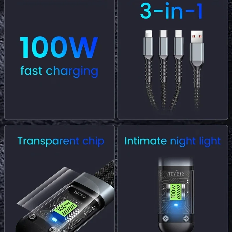 3 in 1 100w Super Fast Charging Cable, LED Indicator, Durable Nylon braiding, Charging Solution for Type-C, iPhone, and Android