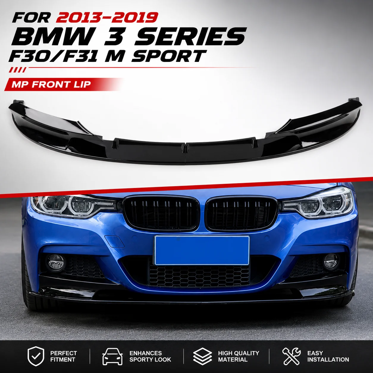 For BMW 3 Series F30 F31 M Sport 2012-2018 Black Car Front Bumper Spoiler Lip Splitter Body Kit Bumper Lip Chin Diffuser Guard